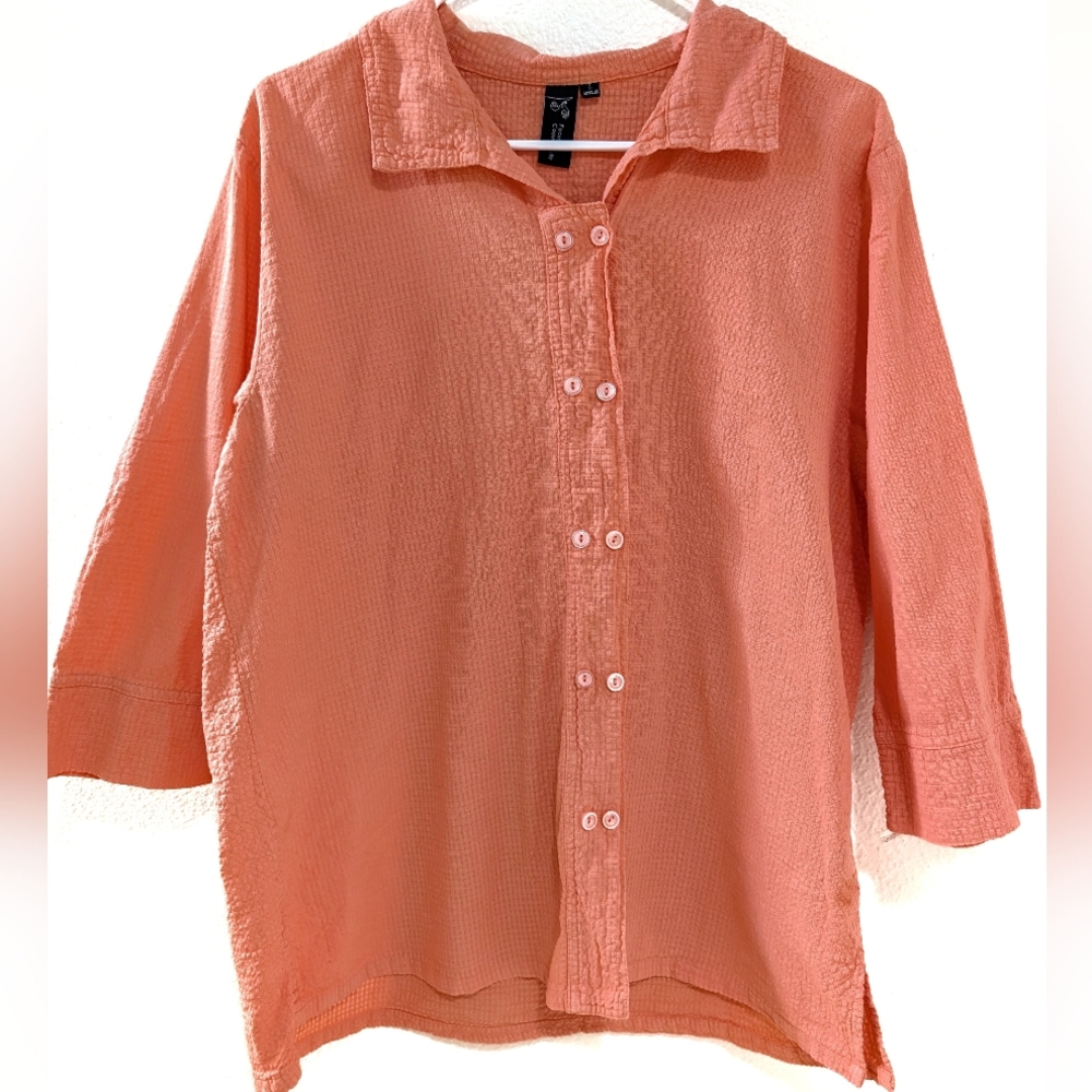 Focus Casual Life Preshrunk Cotton Blouse Pink Salmon‎ Button Front Large